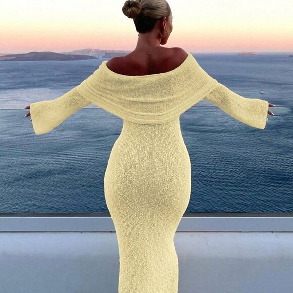 Light Yellow Elegant Women's Sexy Beach Vacation Off shoulder maxi Dress - Picture 4 of 10